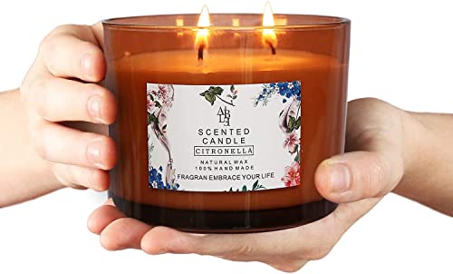 JHENG Large Citronella Candles Outdoor Indoor Candle Made with Natural Soy | 3 Wick Scented Candles Long Lasting 40 Hour Burn | 13.5 Ounces Highly Scented Aromatherapy Candles for Home