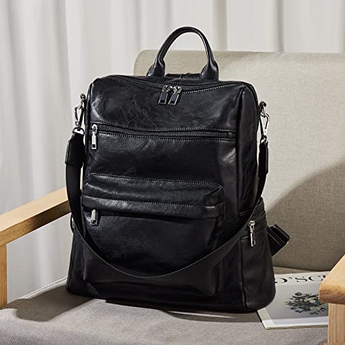 FOXLOVER Leather Backpacks for Women Fashion Travel Large Purse Ladies Shoulder Satchel Bag (Black)