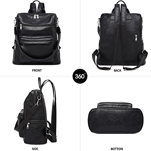 FOXLOVER Leather Backpacks for Women Fashion Travel Large Purse Ladies Shoulder Satchel Bag (Black)