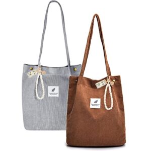 corduroy tote bag casual shoulder bags with inner pocket pearl bracelet pendant handbags purse for beach shopping travel work for women girls (2pcs(gray+brown))