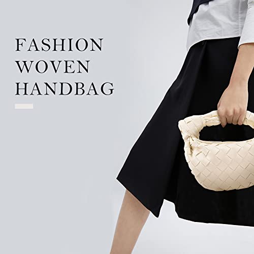 JYG Knoted Woven Handbag for Women Fashion Designer Ladies Hobo Bag Bucket Purse Faux Leather (White)