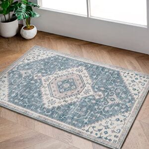 decomall rina entryway rugs, bohemian vintage washable non skid rug for kitchen, bathroom,2′ x 3′,grey blue