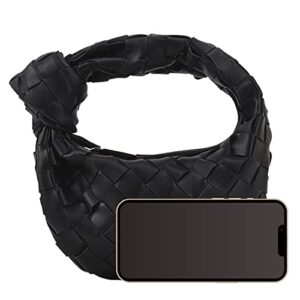 jyg knoted woven handbag for women fashion designer ladies hobo bag bucket purse faux leather (black)