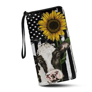 wideasale long clutch wallets sunflower cow women wristlet purse portable handbag purses travel party shopping outdoor modern phone holder pockets