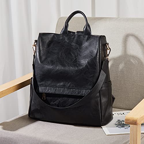 FOXLOVER Backpack Purse for Women Fashion Convertible Leather Shoulder Handbag Ladies Travel Bag Satchel Rucksack (Black)