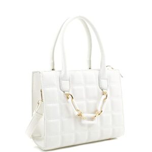 vegan leather top-handle medium boxy satchel tote purse crossbody bag (chain front embossed – white)