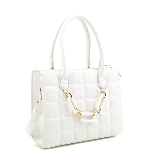 Vegan Leather Top-Handle Medium Boxy Satchel Tote Purse Crossbody Bag (Chain Front Embossed - White)