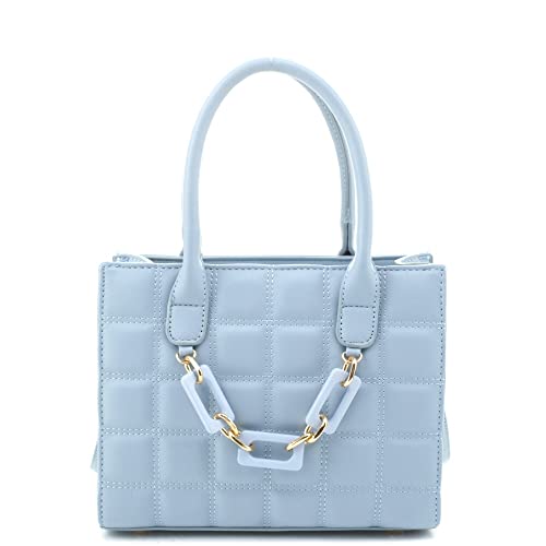 Vegan Leather Top-Handle Medium Boxy Satchel Tote Purse Crossbody Bag (Chain Front Embossed - White)