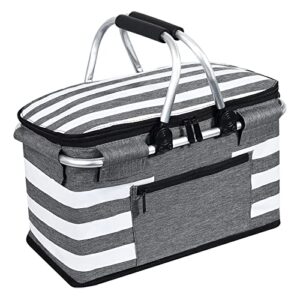 kefomol insulated picnic basket,leak-proof collapsible cooler bag,26l grocery basket with lid,2 sturdy handles,storage basket for picnic,food delivery,take outs,market shopping,travel (gray)