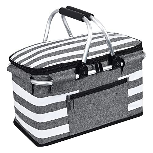 KEFOMOL Insulated Picnic Basket,Leak-Proof Collapsible Cooler Bag,26L Grocery Basket with Lid,2 Sturdy Handles,Storage Basket for Picnic,Food Delivery,Take Outs,Market Shopping,Travel (Gray)