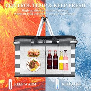 KEFOMOL Insulated Picnic Basket,Leak-Proof Collapsible Cooler Bag,26L Grocery Basket with Lid,2 Sturdy Handles,Storage Basket for Picnic,Food Delivery,Take Outs,Market Shopping,Travel (Gray)