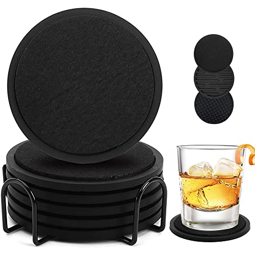 Coasters for Drinks Absorbent with Holder,Drink Silicone Coasters,Non-Slip,Non-Stick,Coasters for Drinks for Tabletop Protection, for Birthday, Housewarming,Christmas, Black