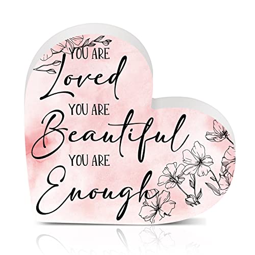 Pink Wooden Decoration for Teen Girls Inspirational Bedroom Table Decor You Are Loved You Are Beautiful You Are Enough Sign Floral Desk Ornament for Birthday Gift Graduation Gift Office Business Gift