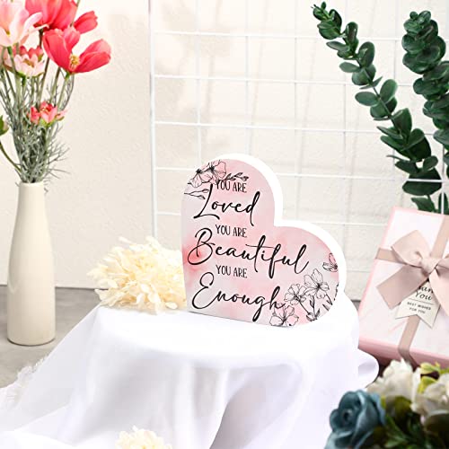Pink Wooden Decoration for Teen Girls Inspirational Bedroom Table Decor You Are Loved You Are Beautiful You Are Enough Sign Floral Desk Ornament for Birthday Gift Graduation Gift Office Business Gift