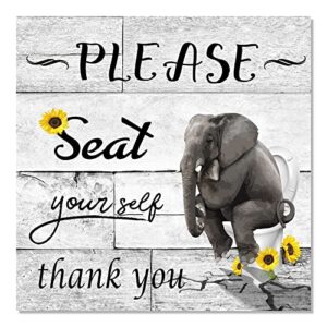 YPY Bathroom Canvas Wall Art Sign: Black White Elephant with Sunflower Picture Poster Wall Decor Funny Bath Room Decoration 12x12 inch