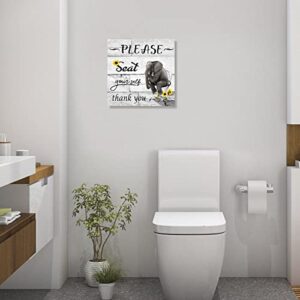 YPY Bathroom Canvas Wall Art Sign: Black White Elephant with Sunflower Picture Poster Wall Decor Funny Bath Room Decoration 12x12 inch