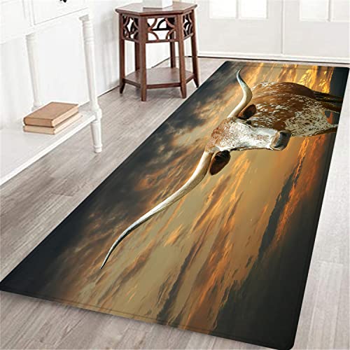 MATEKULI Long Runner Rug,Sunset Texas Longhorn Hill Country Western Old west Cowboys,Non-Slip Floor Carpet Hallway Doormat Entrance Door Mats Washable Area Kitchen Rugs