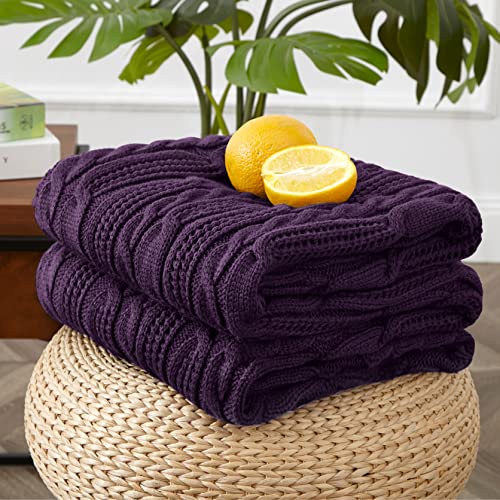 Aormenzy Cable Knit Throw Blankets 50 x 60 Inches, Soft Cozy and Lightweight Knitted Blanket, Machine Washable Acrylic Blanket, Decorative Throw Blanket for Couch Sofa Bed, Dark Purple