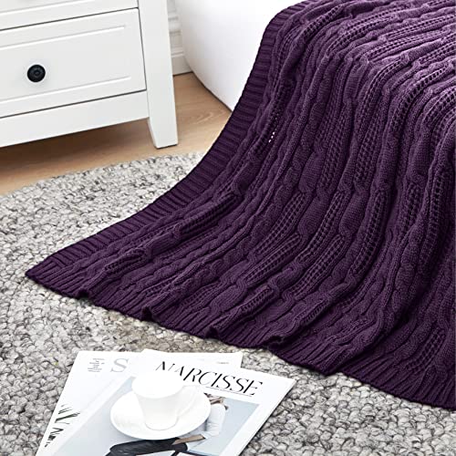 Aormenzy Cable Knit Throw Blankets 50 x 60 Inches, Soft Cozy and Lightweight Knitted Blanket, Machine Washable Acrylic Blanket, Decorative Throw Blanket for Couch Sofa Bed, Dark Purple