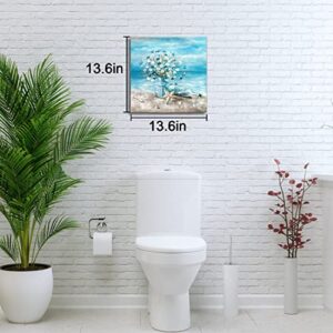 Muro Artes Bathroom Canvas Wall Art, 14x14Inch Blue Flower Canvas Wall Art for Bathroom, Ready to Hang Ocean Beach Floral Painting Canvas Art Wall Decor