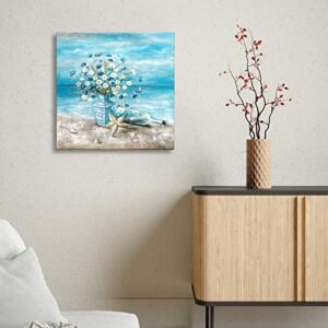 Muro Artes Bathroom Canvas Wall Art, 14x14Inch Blue Flower Canvas Wall Art for Bathroom, Ready to Hang Ocean Beach Floral Painting Canvas Art Wall Decor