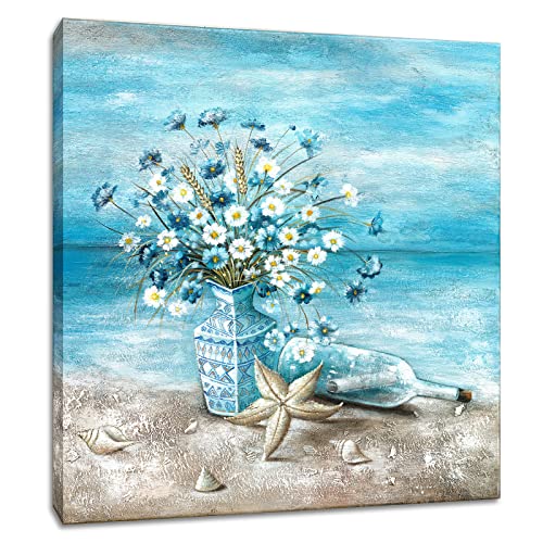 Muro Artes Bathroom Canvas Wall Art, 14x14Inch Blue Flower Canvas Wall Art for Bathroom, Ready to Hang Ocean Beach Floral Painting Canvas Art Wall Decor