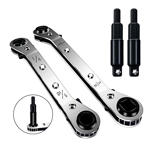 Hvac Service Wrench Tools Set,Refrigeration Wrench,3/8 to 1/4, 5/16 x 1/4 Ratchet Service Hvac Tools with 2 Hexagon Bit Adapter Kit for Air Conditioning Refrigeration Tools and Equipment Repair