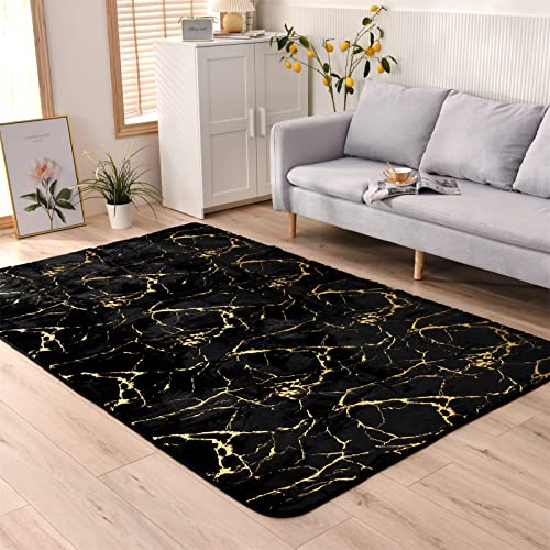 Aimuan Soft Metallic Bronzing Area Rugs Nursery for Princess Prince Modern Colorful Abstract Faux Rabbit Fur Mat Fluffy Plush Velvet Home Carpet Throw Rug with Rubber Backing (Black, 5×8ft)