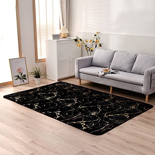 Aimuan Soft Metallic Bronzing Area Rugs Nursery for Princess Prince Modern Colorful Abstract Faux Rabbit Fur Mat Fluffy Plush Velvet Home Carpet Throw Rug with Rubber Backing (Black, 5×8ft)