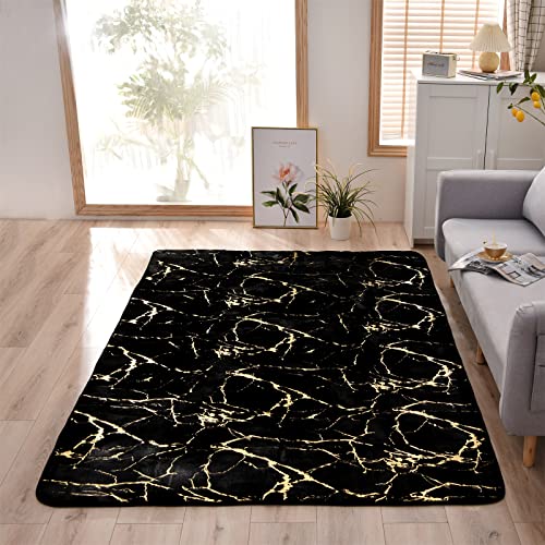 Aimuan Soft Metallic Bronzing Area Rugs Nursery for Princess Prince Modern Colorful Abstract Faux Rabbit Fur Mat Fluffy Plush Velvet Home Carpet Throw Rug with Rubber Backing (Black, 5×8ft)