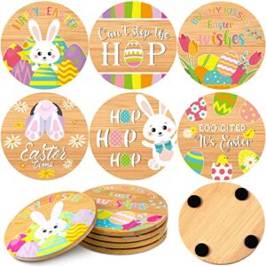 6 pieces happy easter drink coasters set bamboo wood drink coasters funny cartoon round easter theme coasters eggs bunny party decorations for kitchen cup drink coffee mug bar easter decor