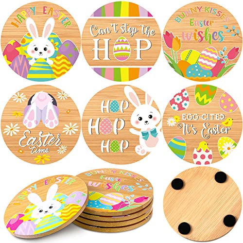 6 Pieces Happy Easter Drink Coasters Set Bamboo Wood Drink Coasters Funny Cartoon Round Easter Theme Coasters Eggs Bunny Party Decorations for Kitchen Cup Drink Coffee Mug Bar Easter Decor