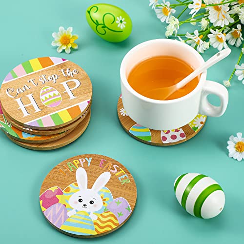 6 Pieces Happy Easter Drink Coasters Set Bamboo Wood Drink Coasters Funny Cartoon Round Easter Theme Coasters Eggs Bunny Party Decorations for Kitchen Cup Drink Coffee Mug Bar Easter Decor