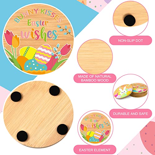 6 Pieces Happy Easter Drink Coasters Set Bamboo Wood Drink Coasters Funny Cartoon Round Easter Theme Coasters Eggs Bunny Party Decorations for Kitchen Cup Drink Coffee Mug Bar Easter Decor