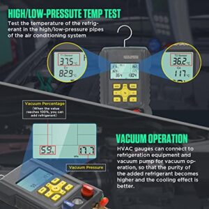 HVAC Gauges 93 Refrigerant Detection Digital Manifold Gauge Set HVAC Pressure&Temp Test HVAC Manifold Upgraded Ball Valve Digital Refrigerant Gauges with 3.5" LCD Display, Refrigerant Hoses,Temp Clips