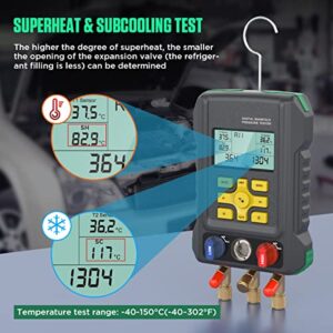 HVAC Gauges 93 Refrigerant Detection Digital Manifold Gauge Set HVAC Pressure&Temp Test HVAC Manifold Upgraded Ball Valve Digital Refrigerant Gauges with 3.5" LCD Display, Refrigerant Hoses,Temp Clips