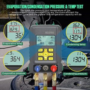 HVAC Gauges 93 Refrigerant Detection Digital Manifold Gauge Set HVAC Pressure&Temp Test HVAC Manifold Upgraded Ball Valve Digital Refrigerant Gauges with 3.5" LCD Display, Refrigerant Hoses,Temp Clips