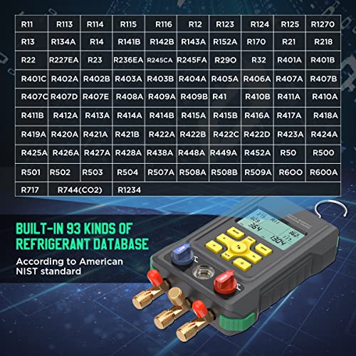 HVAC Gauges 93 Refrigerant Detection Digital Manifold Gauge Set HVAC Pressure&Temp Test HVAC Manifold Upgraded Ball Valve Digital Refrigerant Gauges with 3.5" LCD Display, Refrigerant Hoses,Temp Clips