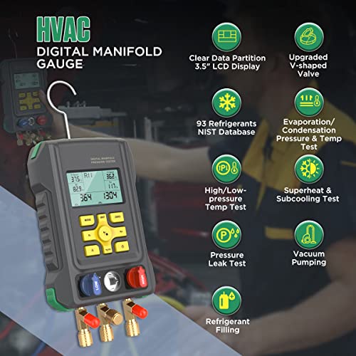 HVAC Gauges 93 Refrigerant Detection Digital Manifold Gauge Set HVAC Pressure&Temp Test HVAC Manifold Upgraded Ball Valve Digital Refrigerant Gauges with 3.5" LCD Display, Refrigerant Hoses,Temp Clips