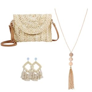 oweisong straw clutch purses for women summer woven beach envelope handbag shoulder crossbody bag bohemia rattan earrings