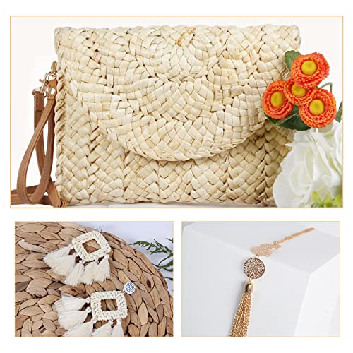 Oweisong Straw Clutch Purses for Women Summer Woven Beach Envelope Handbag Shoulder Crossbody Bag Bohemia Rattan Earrings