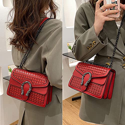 Movefad Women Crossbody Shoulder Bag Trendy Weave Leather Square Tote Metal Chain Satchel Wallet Handbag