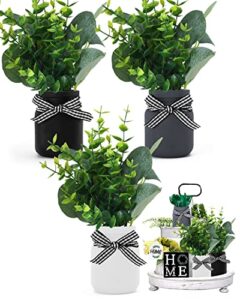 nefelibata farmhouse mini mason jar decor for tiered tray with artificial eucalyptus leaves small floral arrangement rustic faux plants for home kitchen office desk black white small greenery set of 3