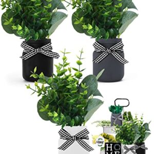 Nefelibata Farmhouse Mini Mason Jar Decor for Tiered Tray with Artificial Eucalyptus Leaves Small Floral Arrangement Rustic Faux Plants for Home Kitchen Office Desk Black White Small Greenery Set of 3