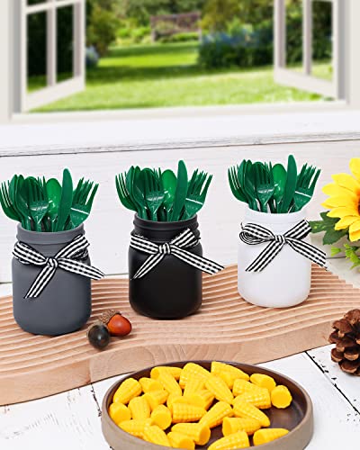 Nefelibata Farmhouse Mini Mason Jar Decor for Tiered Tray with Artificial Eucalyptus Leaves Small Floral Arrangement Rustic Faux Plants for Home Kitchen Office Desk Black White Small Greenery Set of 3