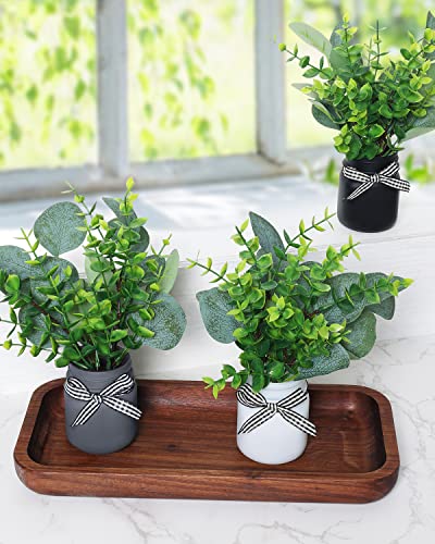 Nefelibata Farmhouse Mini Mason Jar Decor for Tiered Tray with Artificial Eucalyptus Leaves Small Floral Arrangement Rustic Faux Plants for Home Kitchen Office Desk Black White Small Greenery Set of 3