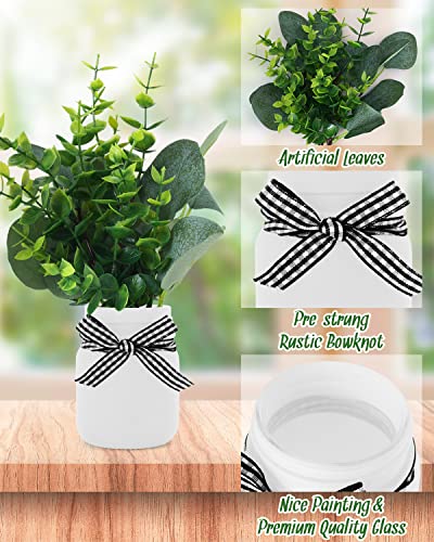 Nefelibata Farmhouse Mini Mason Jar Decor for Tiered Tray with Artificial Eucalyptus Leaves Small Floral Arrangement Rustic Faux Plants for Home Kitchen Office Desk Black White Small Greenery Set of 3