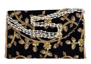 truesellershop indian women’s stylish zari velvet clutch golden embroidery tote bag wrist bag purse pearl handle evening clutch wedding purse for girls (black)