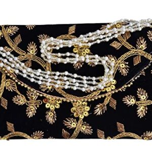 Truesellershop Indian Women's Stylish Zari Velvet Clutch Golden Embroidery Tote Bag Wrist Bag Purse Pearl Handle Evening Clutch Wedding Purse for Girls (Black)