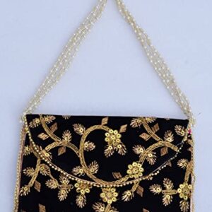 Truesellershop Indian Women's Stylish Zari Velvet Clutch Golden Embroidery Tote Bag Wrist Bag Purse Pearl Handle Evening Clutch Wedding Purse for Girls (Black)